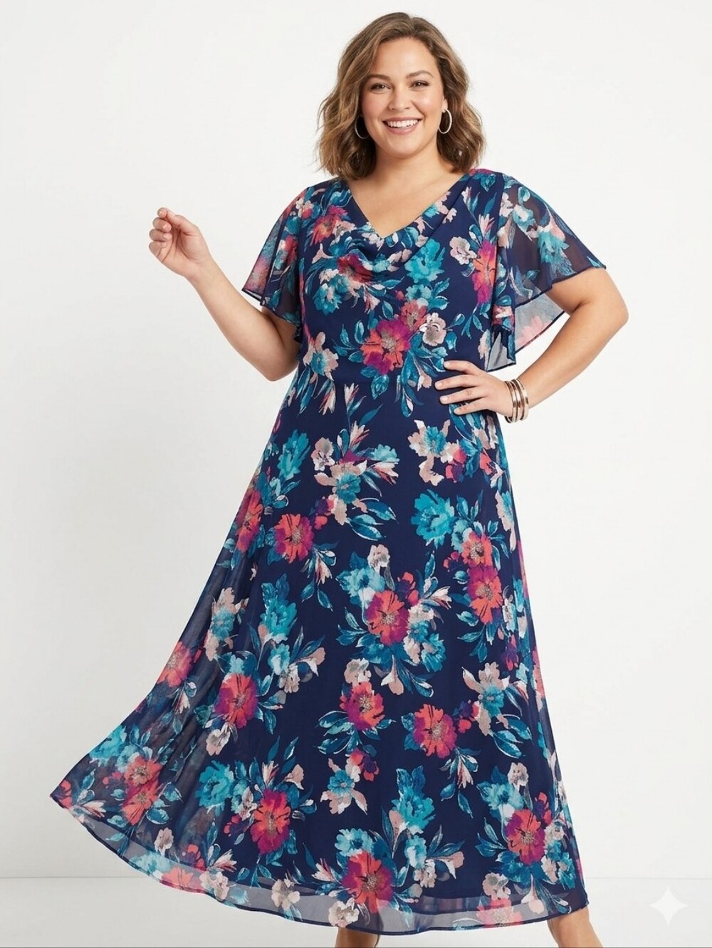 Catherines Plus Size Navy Floral Cowl-Neck Maxi Dress